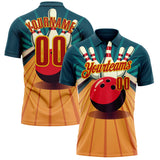 Custom Teal Red-Yellow Bowling Ball And Pins Strike Performance Polo Shirt