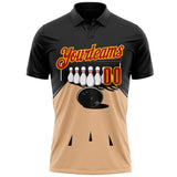Custom Black Red Vegas Gold-Yellow Bowling Ball And Pins Performance Polo Shirt
