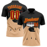 Custom Black Red Vegas Gold-Yellow Bowling Ball And Pins Performance Polo Shirt