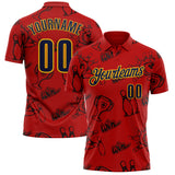 Custom Red Navy-Gold Bowling Ball And Pins Strike Performance Polo Shirt