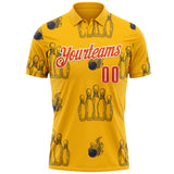 Custom Gold Orange-White Fire Bowling Ball And Pins Strike Performance Polo Shirt