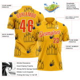 Custom Gold Orange-White Fire Bowling Ball And Pins Strike Performance Polo Shirt