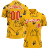 Custom Gold Orange-White Fire Bowling Ball And Pins Strike Performance Polo Shirt
