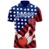 Custom Royal Red Black-White Patriotic American Flag Bowling Ball And Pins Strike Performance Polo Shirt