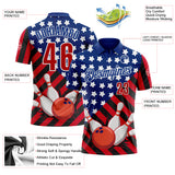 Custom Royal Red Black-White Patriotic American Flag Bowling Ball And Pins Strike Performance Polo Shirt
