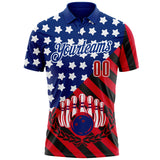 Custom Royal Red Black-White Patriotic American Flag Bowling Ball And Pins Strike Performance Polo Shirt