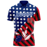 Custom Royal Red Black-White Patriotic American Flag Bowling Ball And Pins Strike Performance Polo Shirt