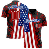 Custom Black Red White-Royal Patriotic American Flag Bowling Ball And Pins Strike Performance Polo Shirt
