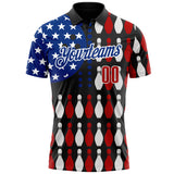 Custom Black Red White-Royal Patriotic American Flag Bowling Ball And Pins Performance Polo Shirt