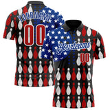 Custom Black Red White-Royal Patriotic American Flag Bowling Ball And Pins Performance Polo Shirt