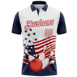 Custom White Navy-Red Patriotic American Flag Bowling Ball And Pins Strike Performance Polo Shirt