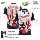 Custom White Navy-Red Patriotic American Flag Bowling Ball And Pins Strike Performance Polo Shirt
