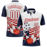 Custom White Navy-Red Patriotic American Flag Bowling Ball And Pins Strike Performance Polo Shirt