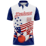Custom White Royal-Red Patriotic American Flag Bowling Ball And Pins Strike Performance Polo Shirt