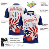 Custom White Royal-Red Patriotic American Flag Bowling Ball And Pins Strike Performance Polo Shirt