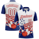 Custom White Royal-Red Patriotic American Flag Bowling Ball And Pins Strike Performance Polo Shirt