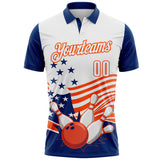Custom White US Navy Blue-Orange Patriotic American Flag Bowling Ball And Pins Strike Performance Polo Shirt