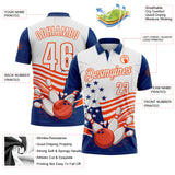 Custom White US Navy Blue-Orange Patriotic American Flag Bowling Ball And Pins Strike Performance Polo Shirt