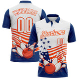 Custom White US Navy Blue-Orange Patriotic American Flag Bowling Ball And Pins Strike Performance Polo Shirt