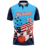 Custom Sky Blue White Navy-Red Patriotic American Flag Bowling Ball And Pins Strike Performance Polo Shirt