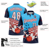 Custom Sky Blue White Navy-Red Patriotic American Flag Bowling Ball And Pins Strike Performance Polo Shirt