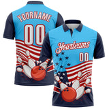 Custom Sky Blue White Navy-Red Patriotic American Flag Bowling Ball And Pins Strike Performance Polo Shirt