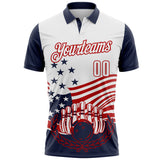 Custom White Navy-Red Patriotic American Flag Bowling Ball And Pins Strike Performance Polo Shirt