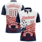 Custom White Navy-Red Patriotic American Flag Bowling Ball And Pins Strike Performance Polo Shirt