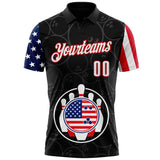 Custom Black White Royal-Red Patriotic American Flag Bowling Ball And Pins Performance Polo Shirt