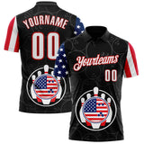 Custom Black White Royal-Red Patriotic American Flag Bowling Ball And Pins Performance Polo Shirt