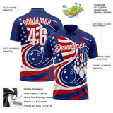 Custom Royal White-Red Patriotic American Flag Bowling Ball And Pins Performance Polo Shirt