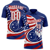 Custom Royal White-Red Patriotic American Flag Bowling Ball And Pins Performance Polo Shirt