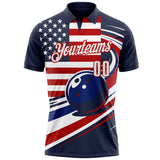 Custom Navy White Royal-Red Patriotic American Flag Bowling Ball Performance Polo Shirt