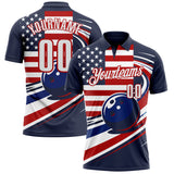 Custom Navy White Royal-Red Patriotic American Flag Bowling Ball Performance Polo Shirt
