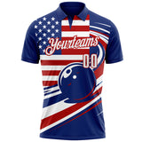 Custom Royal White-Red Patriotic American Flag Bowling Ball Performance Polo Shirt