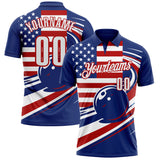 Custom Royal White-Red Patriotic American Flag Bowling Ball Performance Polo Shirt