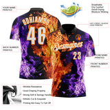 Custom Black White Purple-Bay Orange Flame Split Fire Performance Polo Shirt