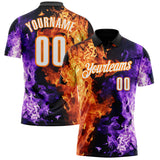 Custom Black White Purple-Bay Orange Flame Split Fire Performance Polo Shirt
