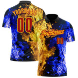 Custom Black Red Blue-Yellow Flame Split Fire Performance Polo Shirt