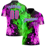 Custom Black Pink Hot Pink Green-Sky Blue Flame Split Fire Performance Polo Shirt