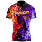 Custom Black Purple Red-Yellow Flame Split Fire Performance Polo Shirt