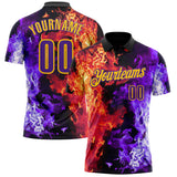 Custom Black Purple Red-Yellow Flame Split Fire Performance Polo Shirt