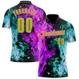 Custom Black Neon Green Ice Blue Purple-Pink Flame Split Fire Performance Polo Shirt