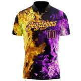 Custom Black Purple-Yellow Flame Split Fire Performance Polo Shirt