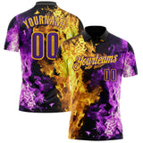 Custom Black Purple-Yellow Flame Split Fire Performance Polo Shirt