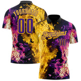 Custom Black Purple-Yellow Flame Split Fire Performance Polo Shirt