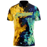 Custom Black Sky Blue Green-Yellow Flame Split Fire Performance Polo Shirt