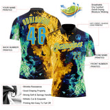 Custom Black Sky Blue Green-Yellow Flame Split Fire Performance Polo Shirt