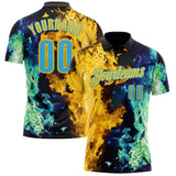 Custom Black Sky Blue Green-Yellow Flame Split Fire Performance Polo Shirt
