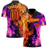 Custom Black Red Hot Pink-Yellow Flame Split Fire Performance Polo Shirt